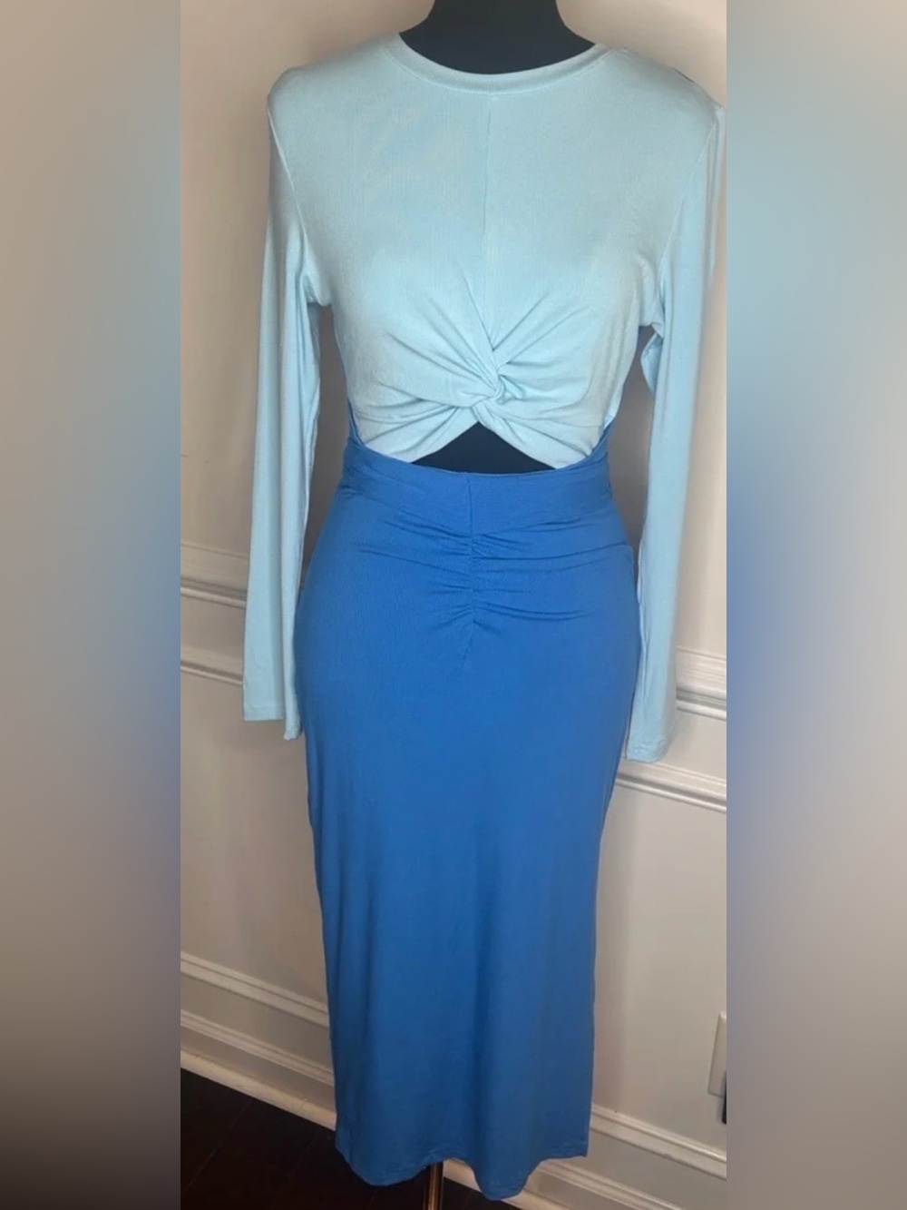 Light Blue Twist Front Long Sleeve Top with Royal Blue Midi Skirt Unbranded S